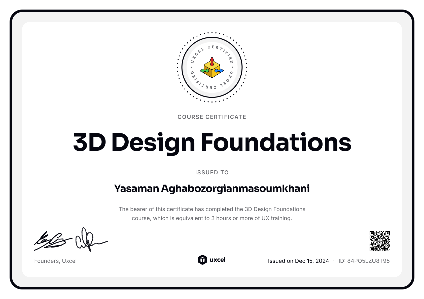 Yasaman Aghabozorgianmasoumkhani's certificate